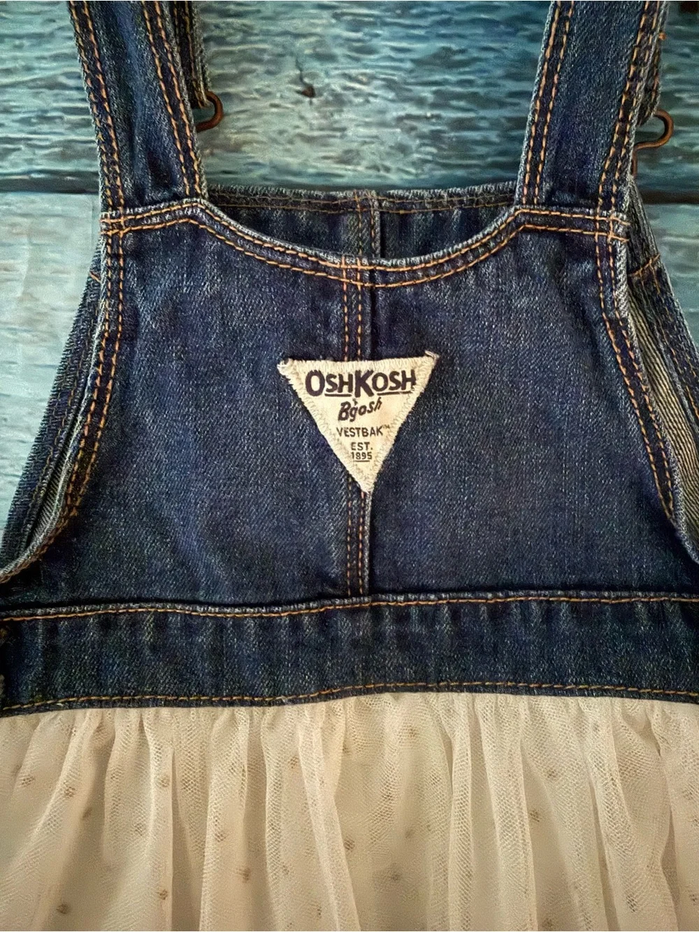 Retro OshKosh B'gosh Denim Bib & Ivory Tulle Overall Dress for Kids 3T